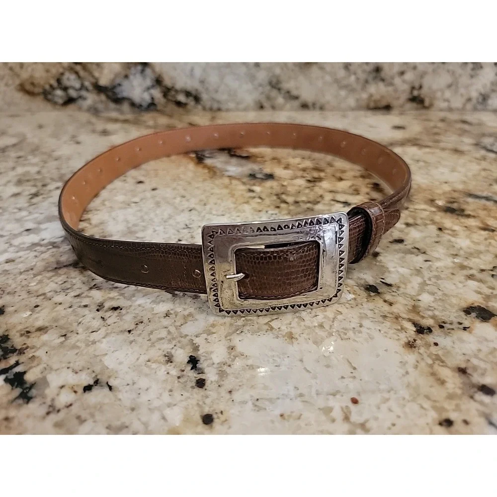 Halston Italian Leather Womens Belt Size S Dark Brown Croc Embossed Studded